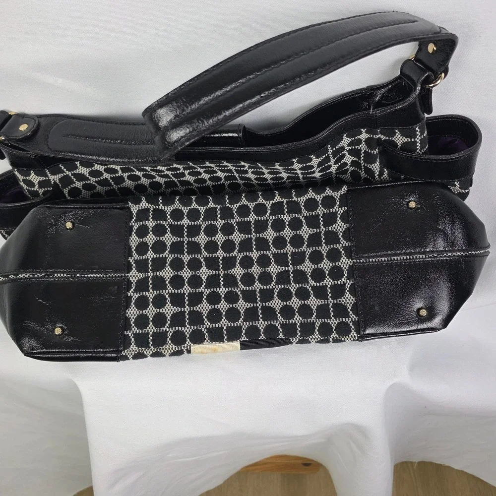 Kate Spade Black Cream‎ Spade Dot Jacquard Stripe Leather Trim Shoulder Bag Tote